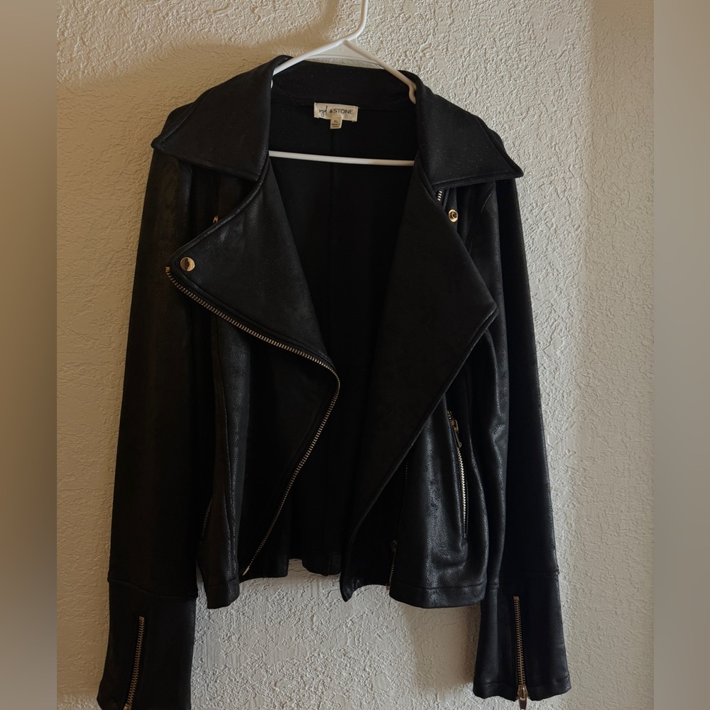 Syd & Stone Black Faux Leather Moto Jacket with gold details size xl